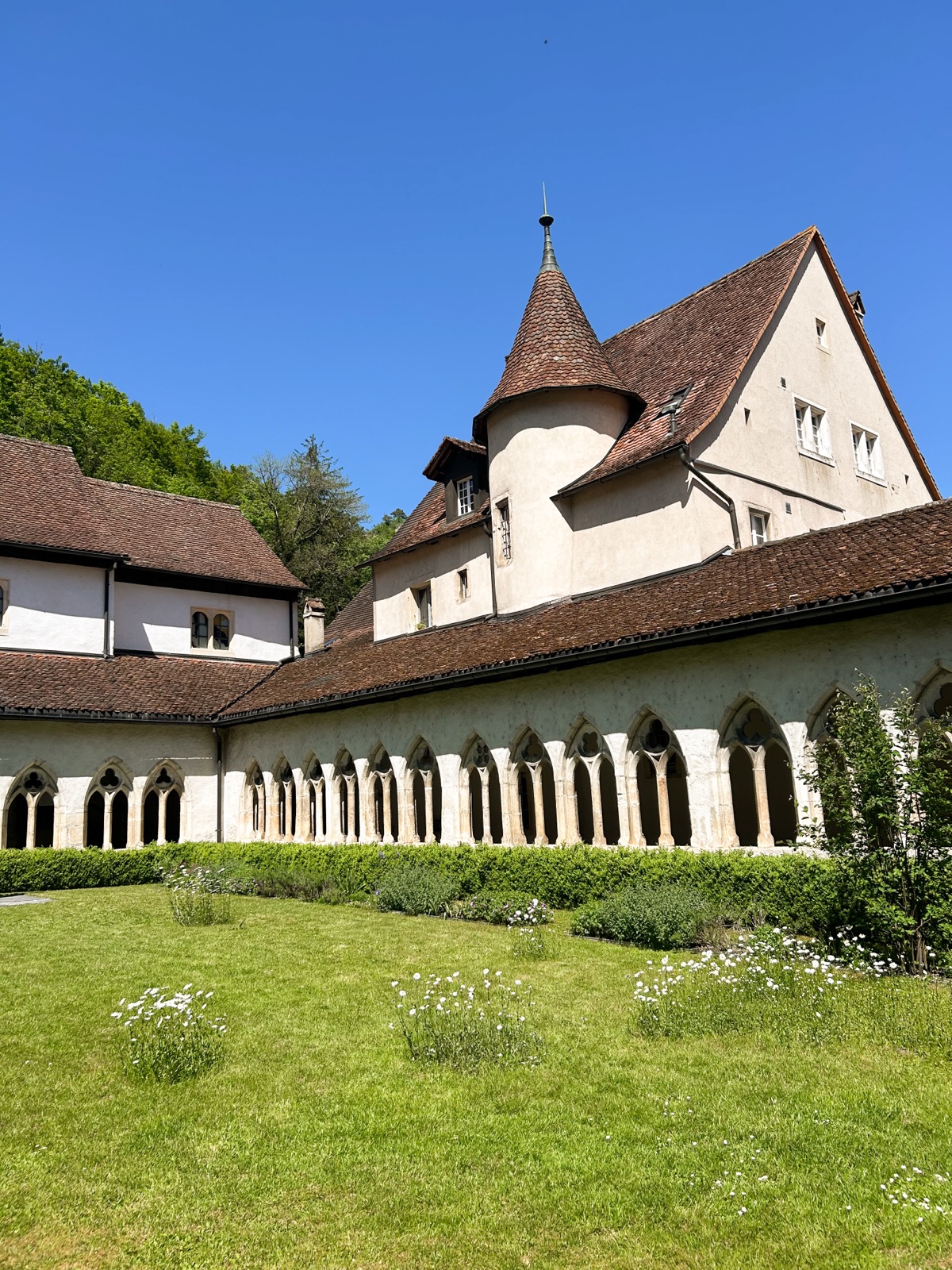 Gotischer Kreuzgang mit Türmchen, davor der grüne Innenhof